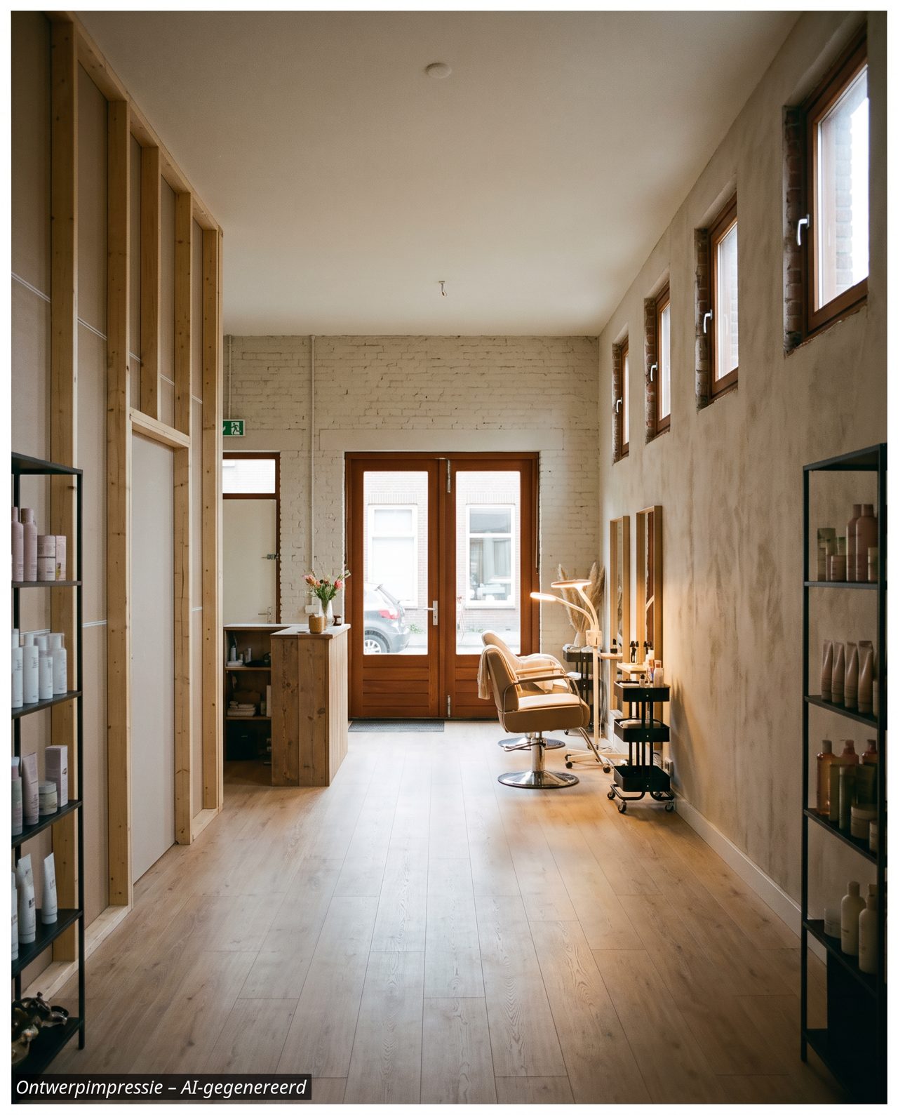Ontwerpimpressie: salon met kappersstoel en balie