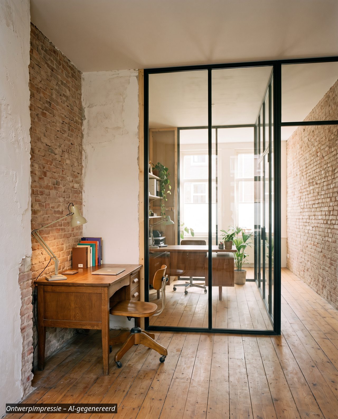 Ontwerpimpressie: werkplek met glazen kantoorwand